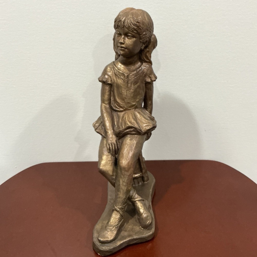 Vintage Marwal Statue‎ Chalkware Gold Tone Little Girl 14" MCM Faux Bronze